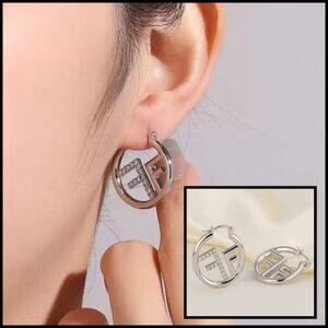 Silver FF Rhinestone Earrings Small Hoops